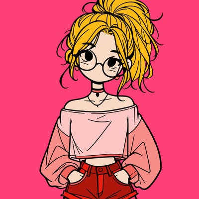 girl with a messy ponytail glasses a baggy crop top and jean shorts