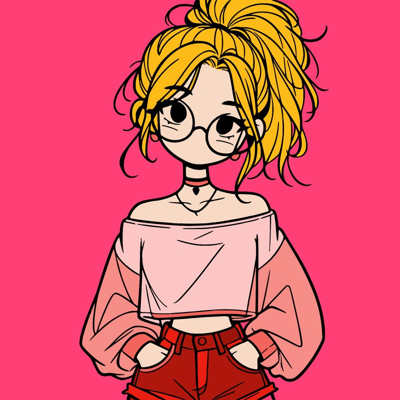 girl with a messy ponytail glasses a baggy crop top and jean shorts