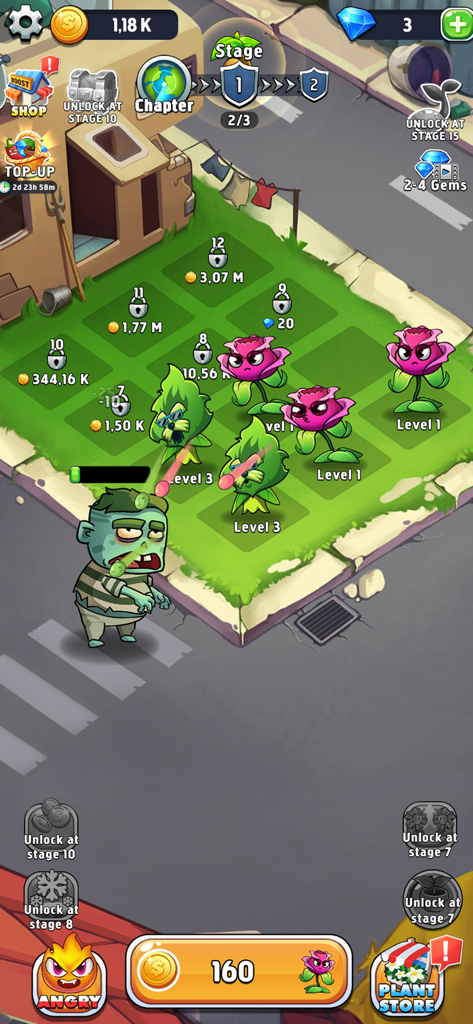Merge Plants - Monster Defense - Gameplay of Merge Plants Monster Defense showing plants in a garden attacking an approaching zombie.