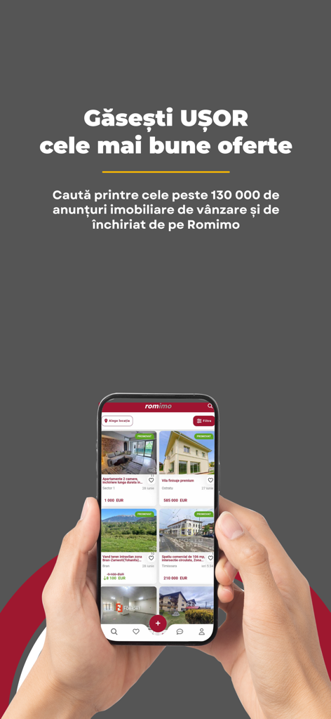 Romimo - Hand holding a phone displaying real estate listings in Romania on the Romimo app