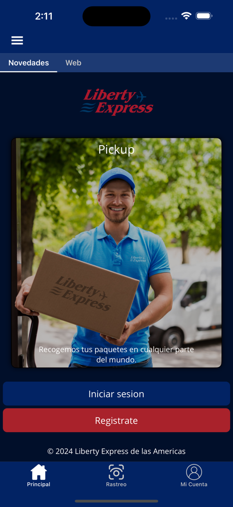 Liberty Express mobile app home screen showing a courier holding a package and login buttons