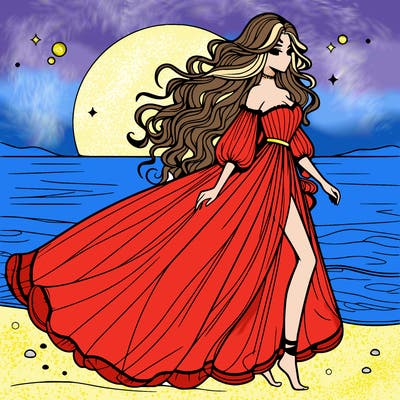 beautiful woman with a vaporous long dress walking on the beach at the noon, detailed art