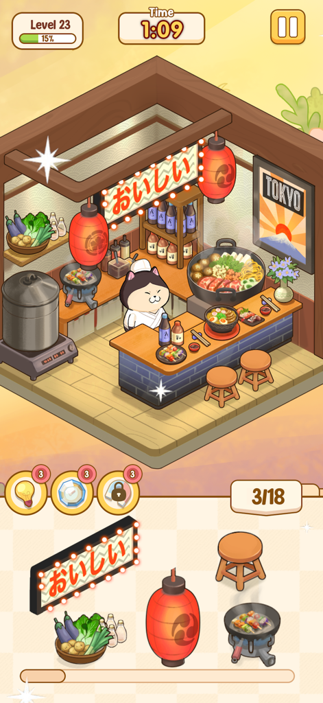 Sticker Room: Cozy Home - Japanese restaurant level in Sticker Room Cozy Home game with a cat chef and food stickers