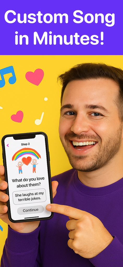 Song Chef - A man holding a phone showing the Song Chef app interface for creating a personalized custom song.