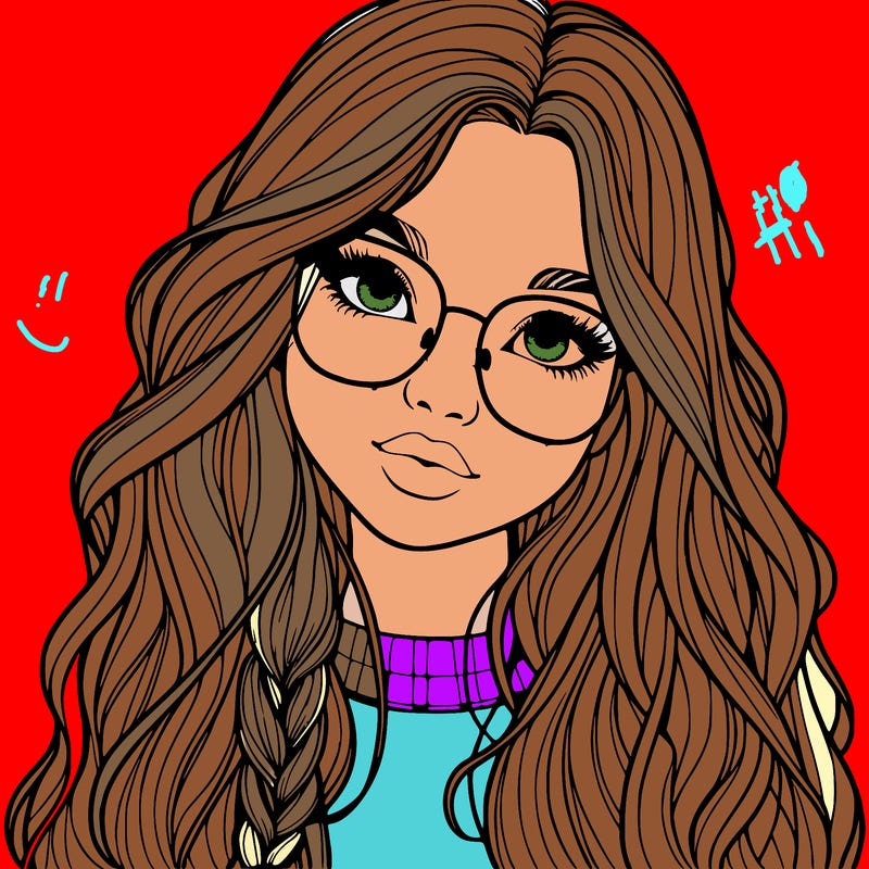 girl with long hair and freckles and glasses realistic