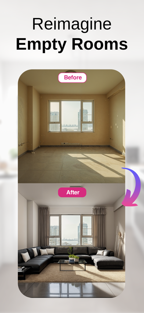 Comparaison avant/après d'une pièce vide réimaginée en salon moderne à l'aide d'un design d'intérieur IA.