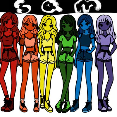 a group of girls wearing crop tops and shorts