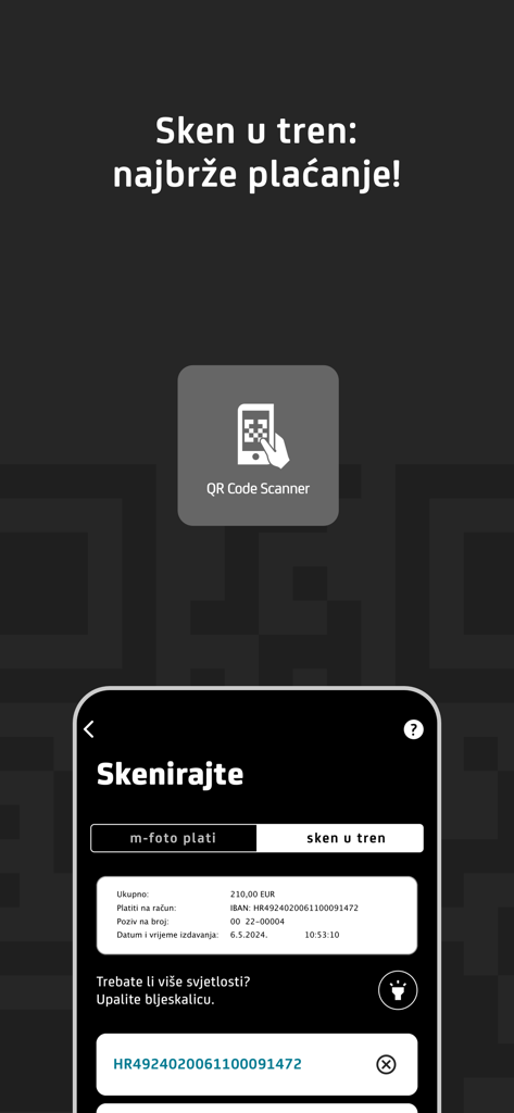 Interfaccia dell'app m-zaba che mostra la funzione di scansione rapida per il pagamento di fatture tramite codice QR