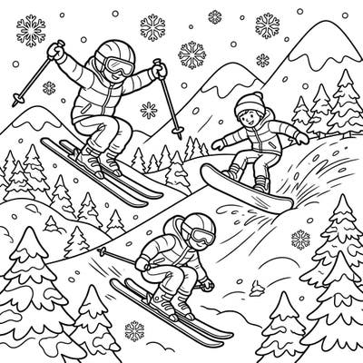 Get ready for a thrilling winter adventure with our dynamic skiers and snowboarders coloring page. This exciting scene is perfect for kids who love action-packed snow sports and creative fun!