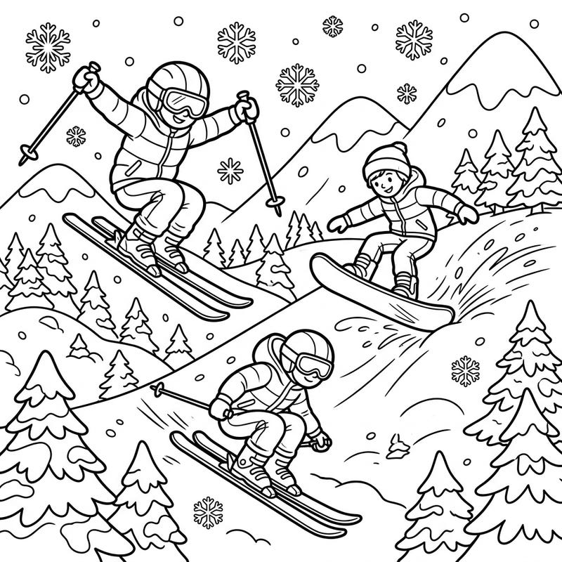 Get ready for a thrilling winter adventure with our dynamic skiers and snowboarders coloring page. This exciting scene is perfect for kids who love action-packed snow sports and creative fun!