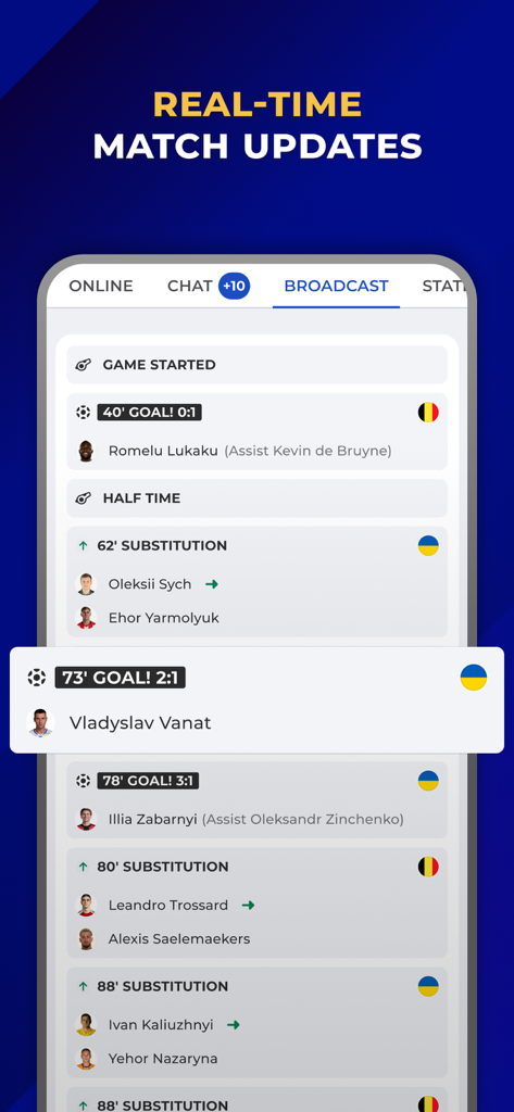 Interface de aplicativo móvel mostrando atualizações de partidas de futebol em tempo real com gols e substituições