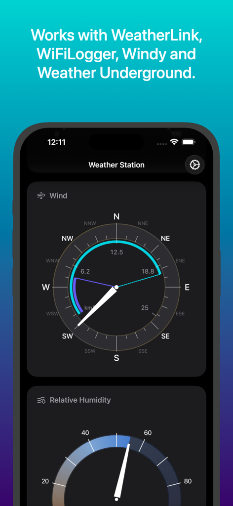 Weather Fusion - Weather Fusion app interface displaying a precise wind direction compass and relative humidity gauge for personal weather station owners.