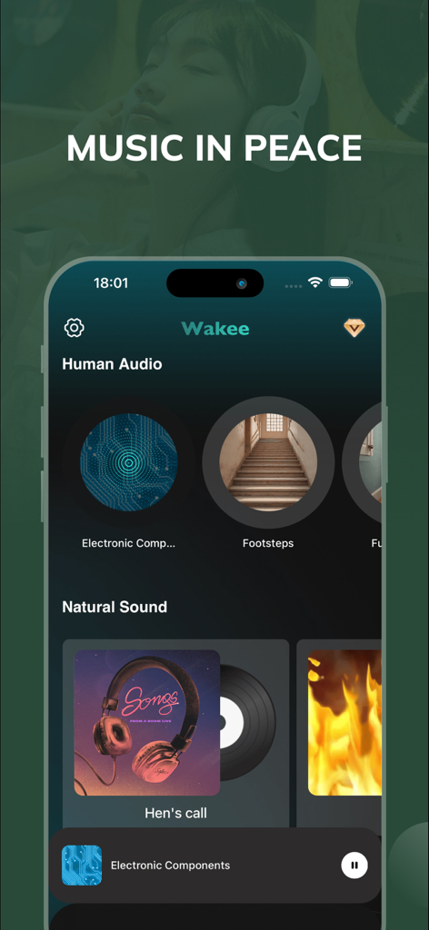 Wakee app interface featuring soothing audio categories for relaxation and focus