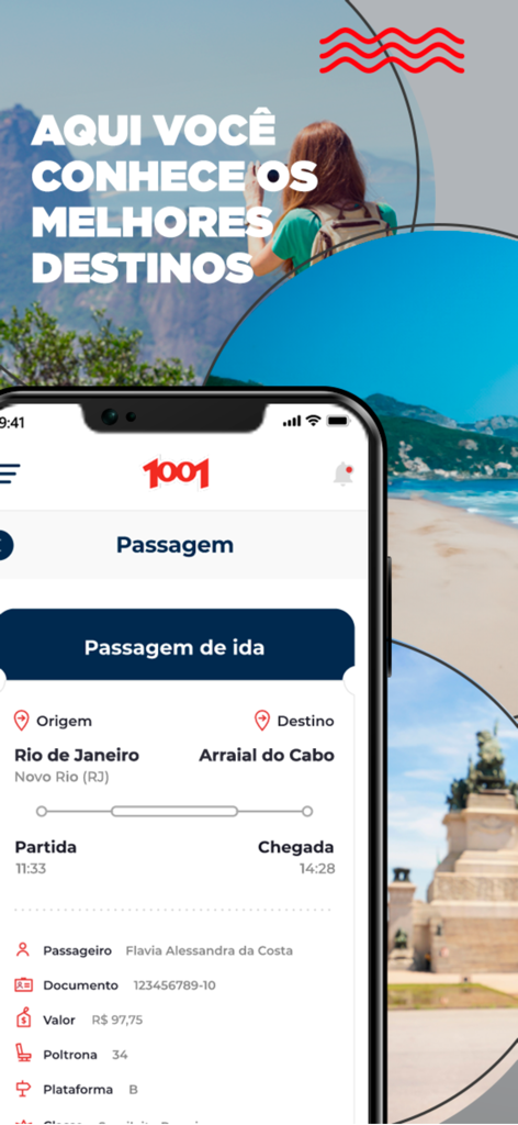 Autoviação-1001 - Tela de smartphone exibindo uma passagem de ônibus digital do Rio de Janeiro para Arraial do Cabo no aplicativo Autoviacao 1001