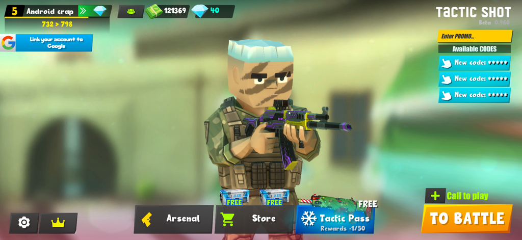 Tactic Shot: FPS Pixel Shooter - Main menu screen of Tactic Shot FPS Pixel Shooter featuring a voxel character holding a customized rifle