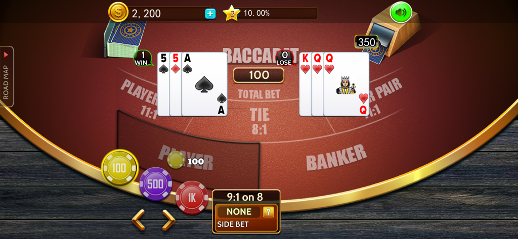 Baccarat casino offline card - Digital baccarat card game table showing player and banker hands