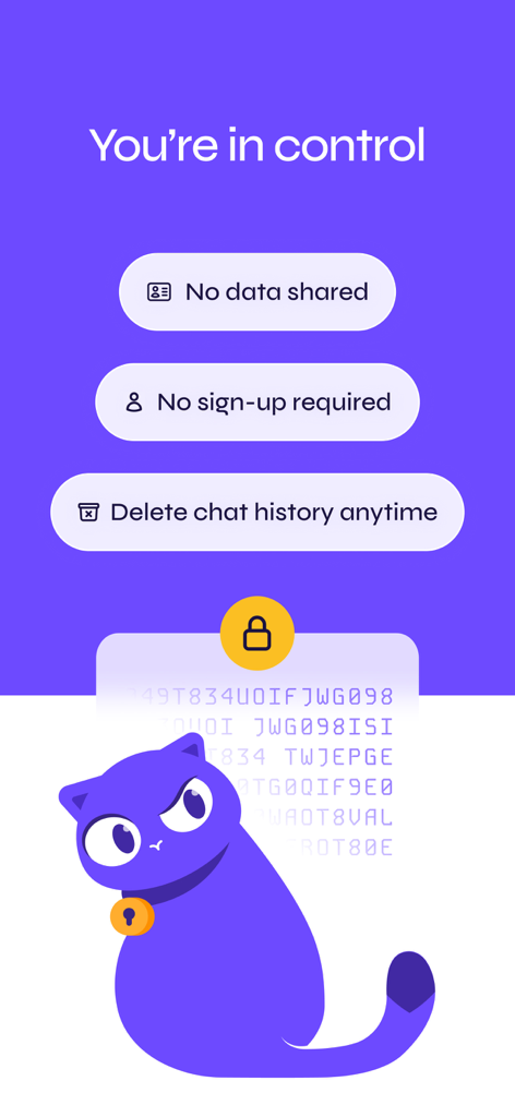 Pantalla de la aplicación Lumo de Proton que muestra funciones de privacidad y una mascota de gato morado