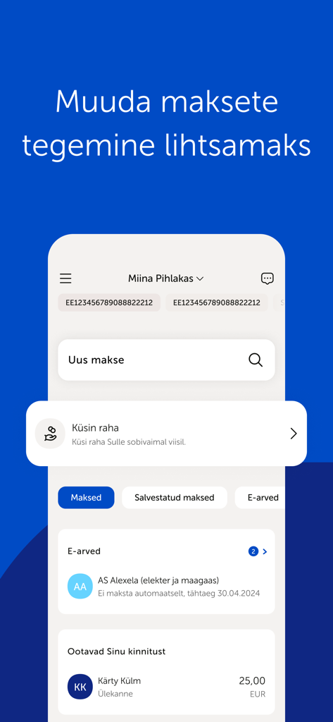 결제 옵션 및 e-송장 관리를 보여주는 Coop Pank 모바일 앱 인터페이스