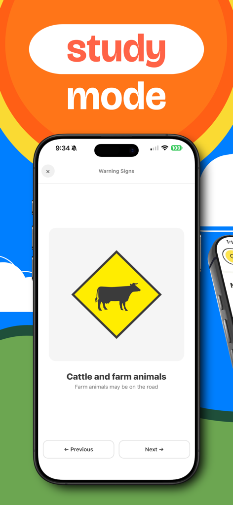Study mode in the Irish Road Signs app displaying a cattle warning sign
