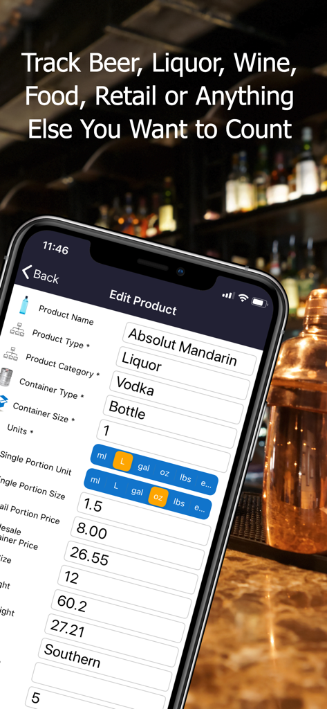 Bar Patrol Inventory App - Bar Patrol app screen showing liquor inventory management and product details