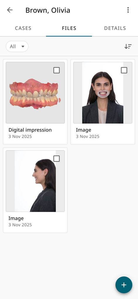 3Shape Unite Cloud - A screen in the 3Shape Unite Cloud app showing a patient file with a 3D digital impression and clinical dental photographs.