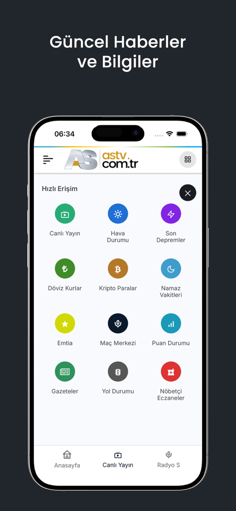 AS TV HABER - Dashboard dell'app mobile AS TV HABER con icone di accesso rapido per notizie e utility turche.
