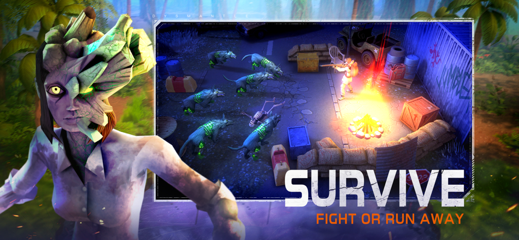 A survivor at a campfire fighting off a pack of mutated wolves in the post-apocalyptic game DYSMANTLE