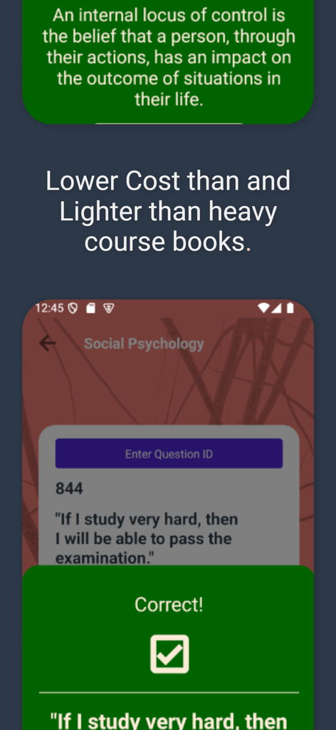 iScore5 AP Psychology - Interfaccia dell'app iScore5 AP Psychology che mostra una risposta corretta per una domanda di studio di psicologia sociale