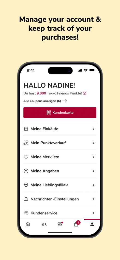 Das Benutzerkonto-Dashboard in der Takko Friends App, das Treuepunkte und die Einkaufshistorie anzeigt.