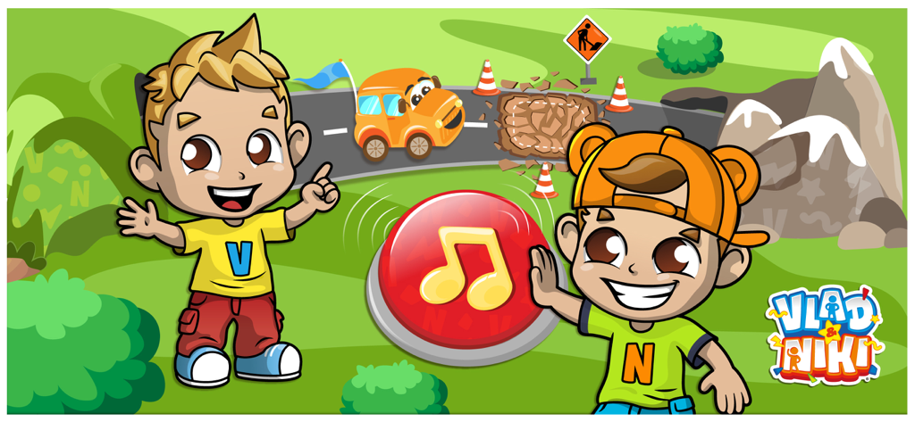 Cartoon characters Vlad and Niki with a large red musical note button