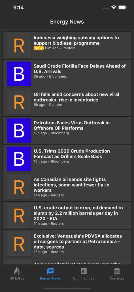 ロイターやブルームバーグからの世界の石油市場の最新情報を特集した、原油価格ライブアプリのエネルギーニュースセクション。