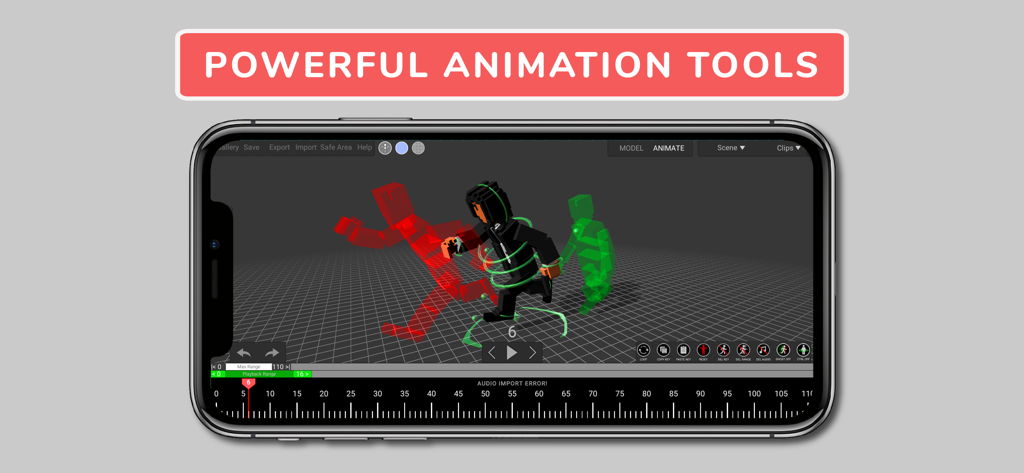 Animatoon Pro - Mobile interface of Animatoon Pro showing 3D voxel character animation tools and timeline