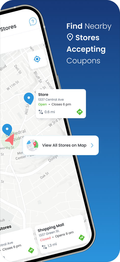 Coupon24 app interface showing a map of nearby stores that accept digital coupons.