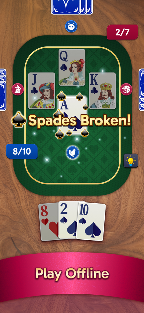 Spades Stars - Card Game - Tela de jogo mobile do Spades Stars mostrando cartas em uma mesa de feltro verde com o texto Spades Broken e um banner de jogar offline