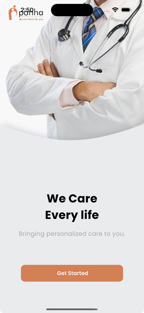 Pantalla de bienvenida de la aplicación Panha Palliative Care con una imagen de médico y un botón de Inicio