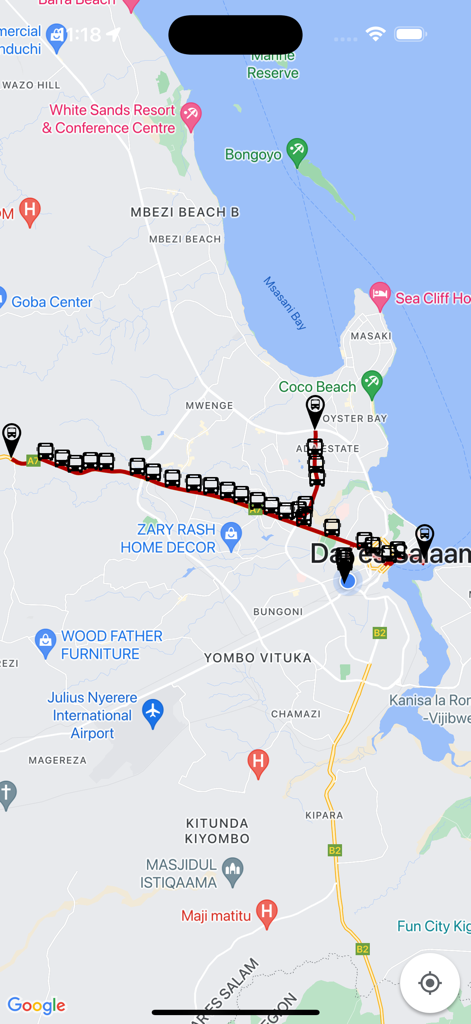 Map view of Dar es Salaam transit routes and bus locations in the Mwendokasi app