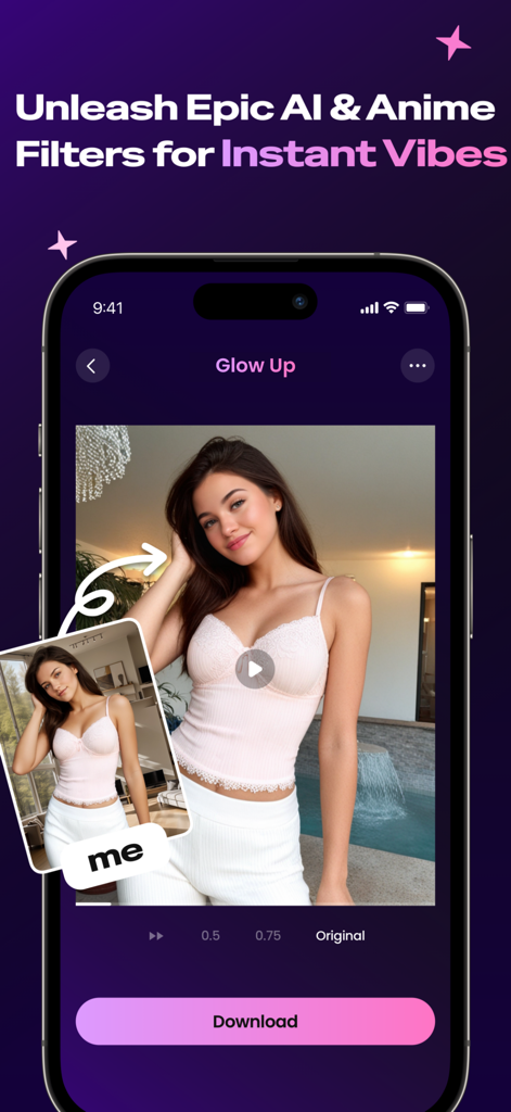 Interfaz de la aplicación creadora de vídeos IA mostrando una transformación de foto usando el filtro Glow Up.