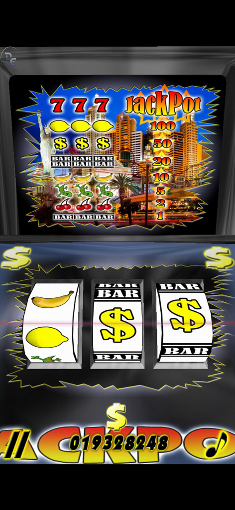 Dream JackPot - Classic three reel slot machine gameplay screen with a Las Vegas skyline background and jackpot earnings counter.