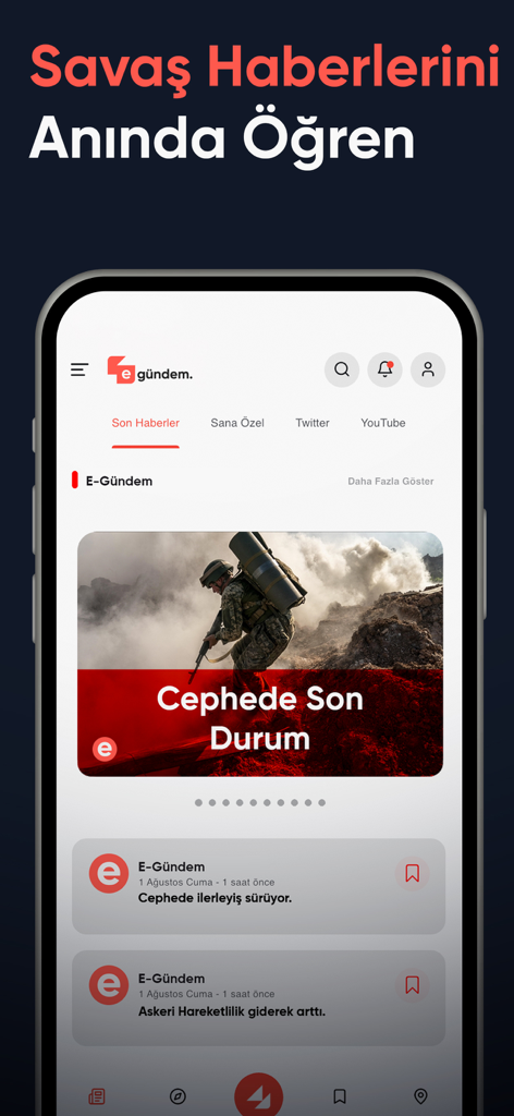 Turkish news app eGündem interface showing breaking military and war updates