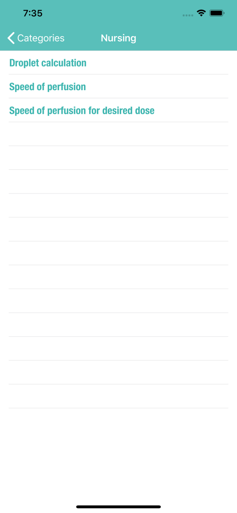 Medical Calculator App - Interfaz de la categoría de enfermería de la App de Calculadora Médica que enumera herramientas de cálculo de perfusión y goteo