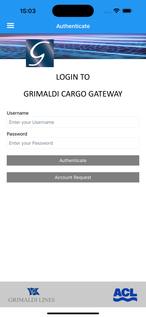 Grimaldi Cargo Mobile - Login screen for Grimaldi Cargo Gateway featuring username and password input fields