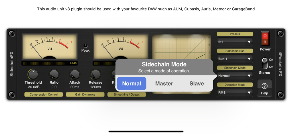 VUメーターとサイドチェーンモード選択を表示するSidechain Compressor AUv3プラグインのインターフェース