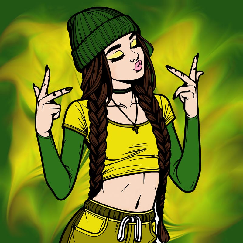 realistic teenage girl with braids and a beanie and crop top doing 🫶🏼