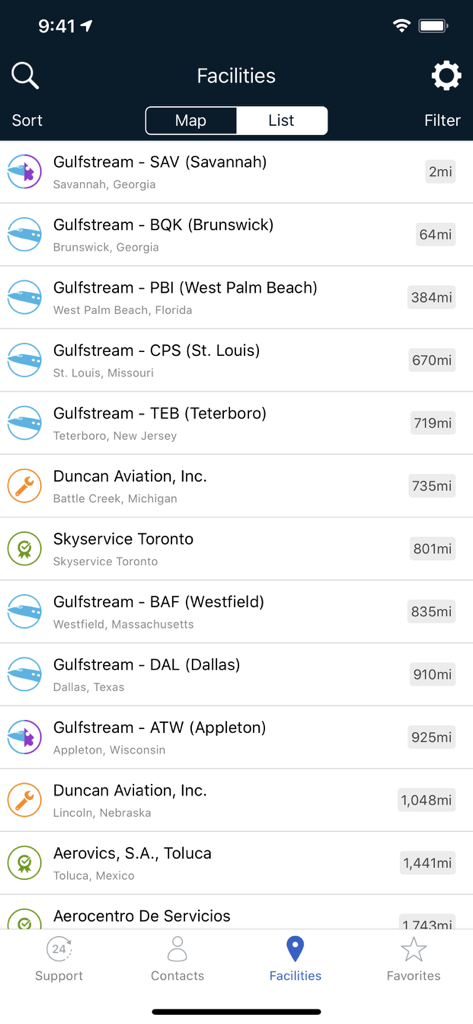 A list of Gulfstream and authorized service facilities showing location and distance