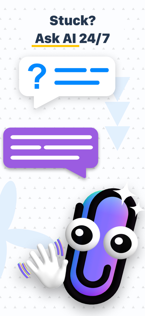 Planner: Daily, Weekly Diary - Friendly purple paperclip character waving with text Ask AI 24/7 for productivity help