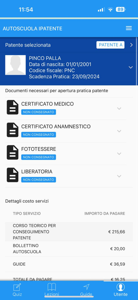 Bildschirm zur Verwaltung des Benutzerkontos in der iPatente Quiz App mit erforderlichen Dokumenten und Gebühren der Fahrschule
