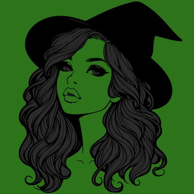 realistic witch girl with wavy hair and lips