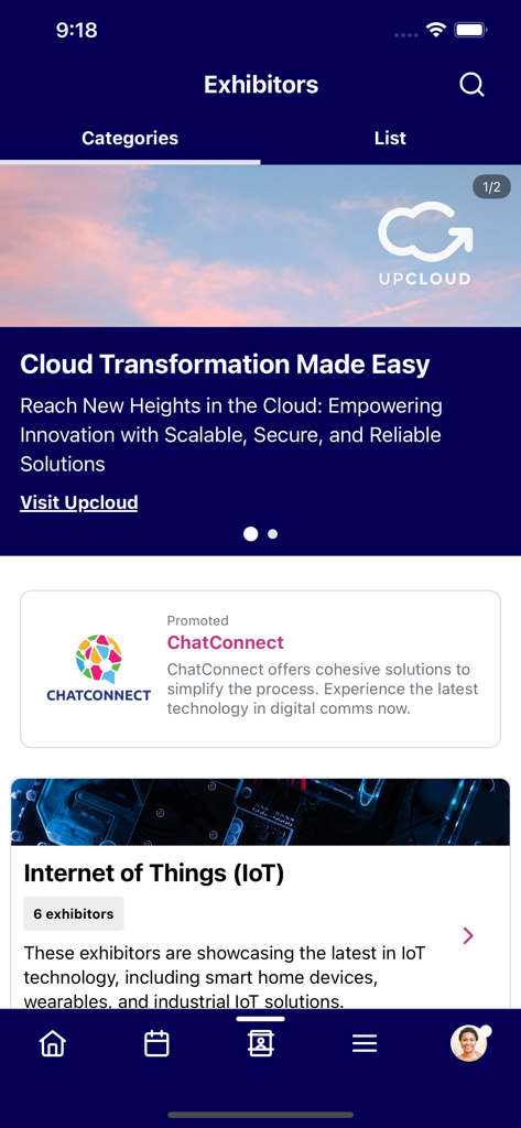 Cvent Events - The Exhibitors screen in the Cvent Events app showing featured companies and industry categories like IoT.