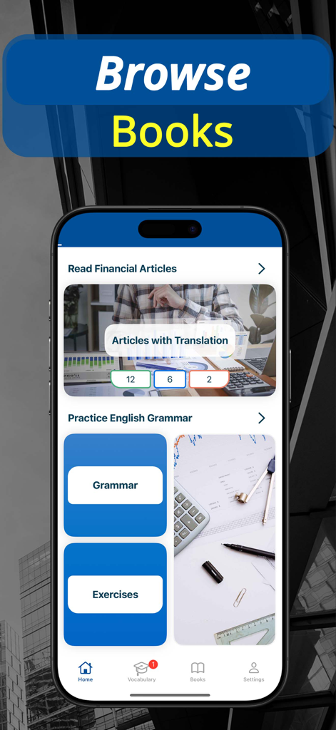 Home screen of the Financial English app showing financial articles and grammar practice options