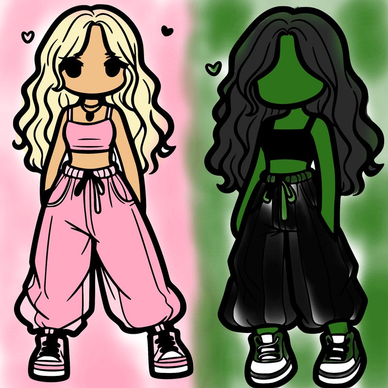 girl in baggy pants crop top and long hair